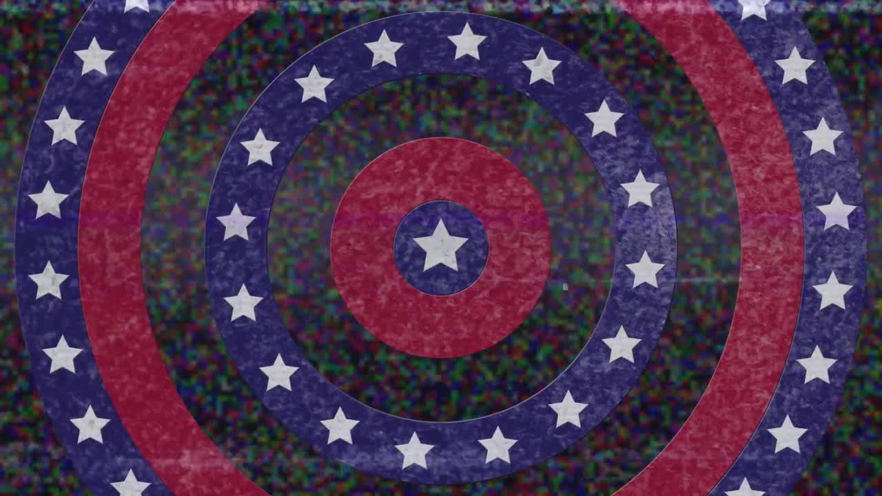 animación de círculos giratorios con estrellas y rayas de la bandera estadounidense con interrupción de ruido
