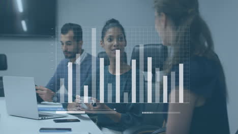 animation of interface with statistical data processing over two diverse women discussing at office