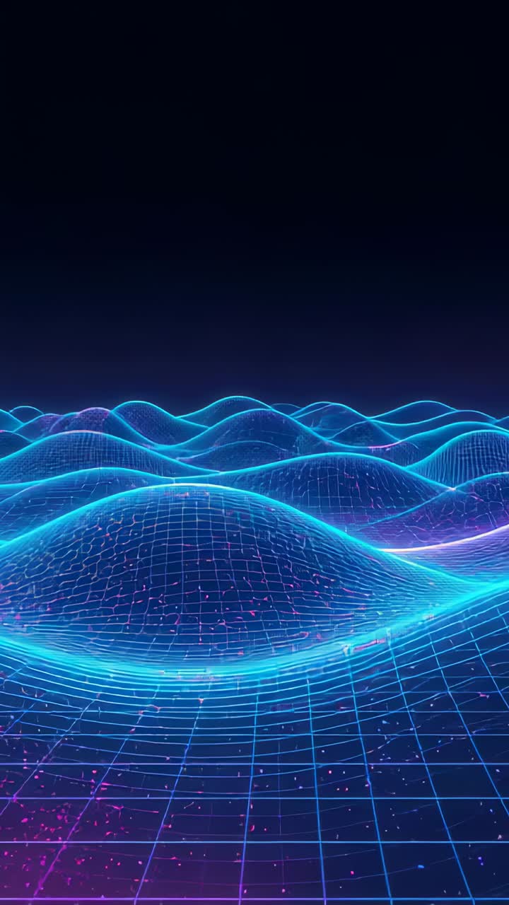 Vertical video: Playing neon cyan grid pulsing in virtual plain, purple streak and magenta specks