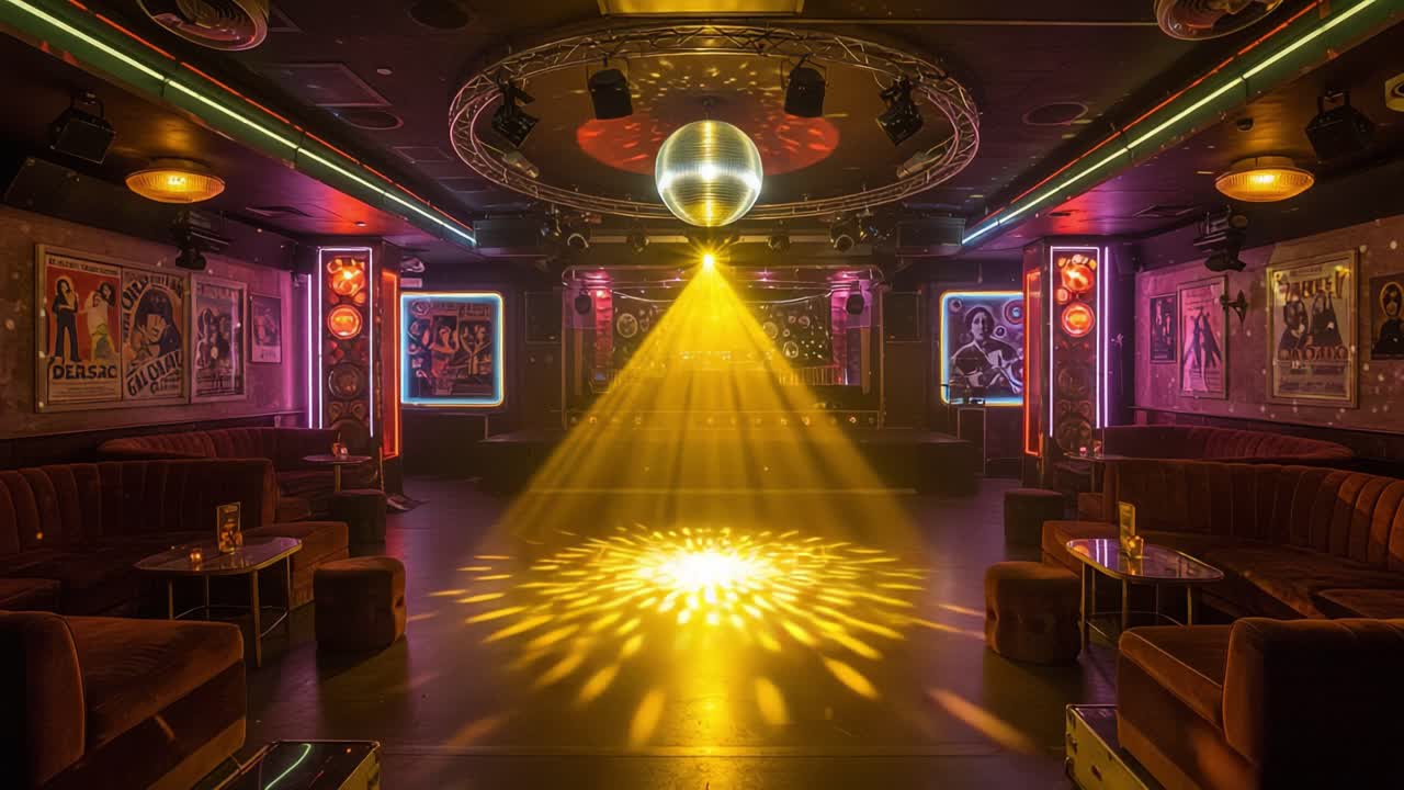 Vibrant Nightclub Interior with Gleaming Disco Ball and Dynamic Lighting Effects Creating a Festive Atmosphere for Dancing and Entertainment