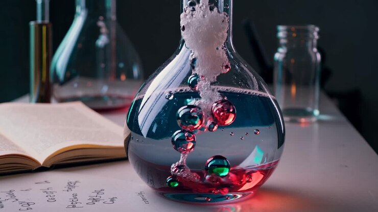 Ripresa video ravvicinata di una beuta da chimica con liquidi colorati e bolle, posizionata su un tavolo di laboratorio