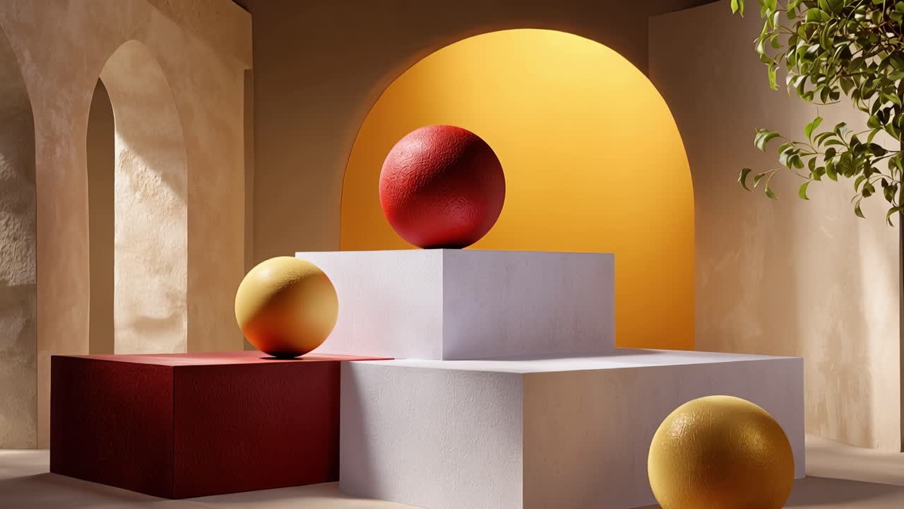 Varmt lys bader minimalistiske geometriske former. Røde og gule sfærer hviler på trinblokke. Buer indrammer scenen blødt i baggrunden. Sollignende glød bag kompositionen forbedrer dybden