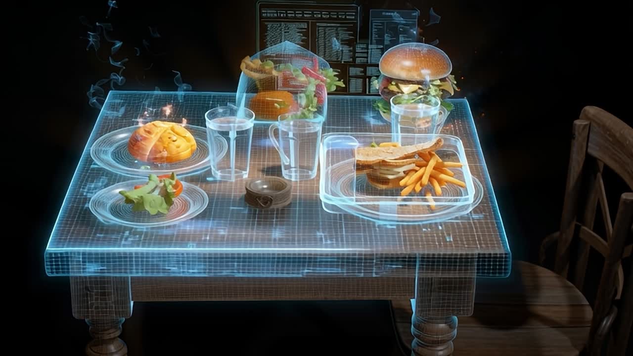 Experiencia gastronómica virtual con una exhibición de comida holográfica futurista.