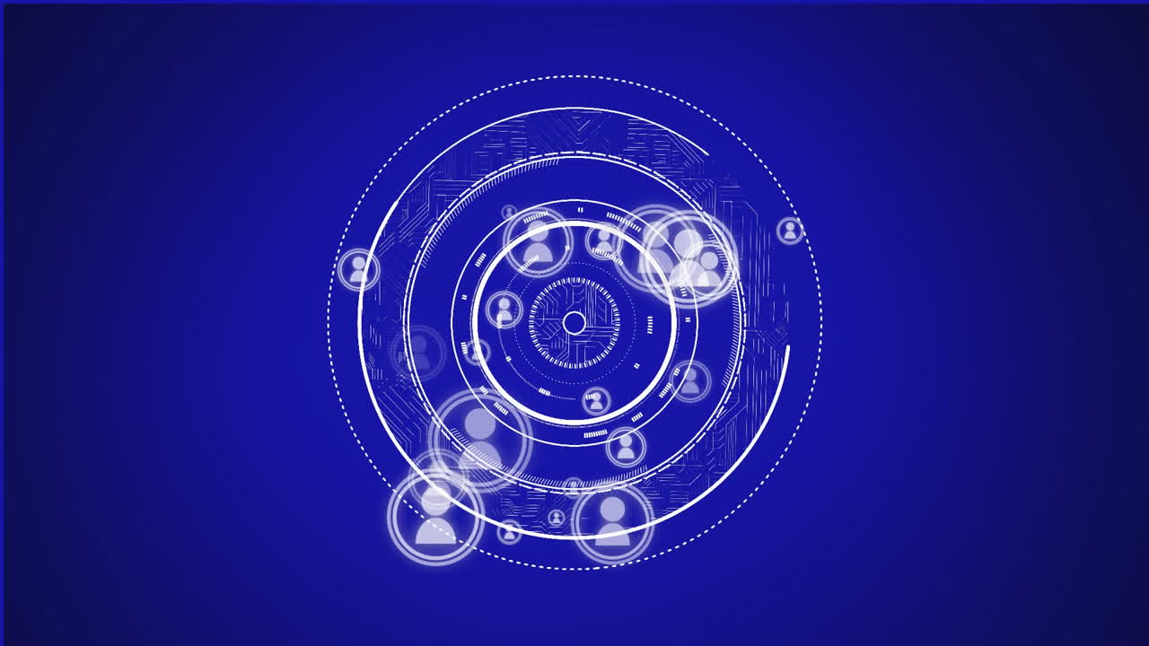 animación de la interfaz que muestra un alcance circular con iconos de personas conectadas en fondo azul