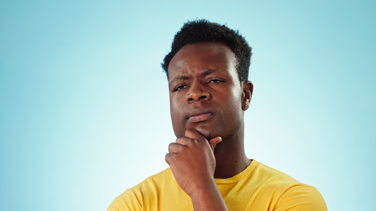 Thinking, questions and black man with solution