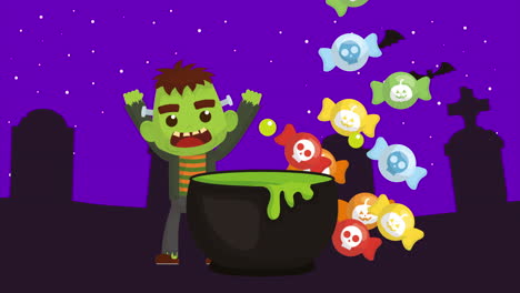 escena oscura de halloween con frankenstein en el cementerio