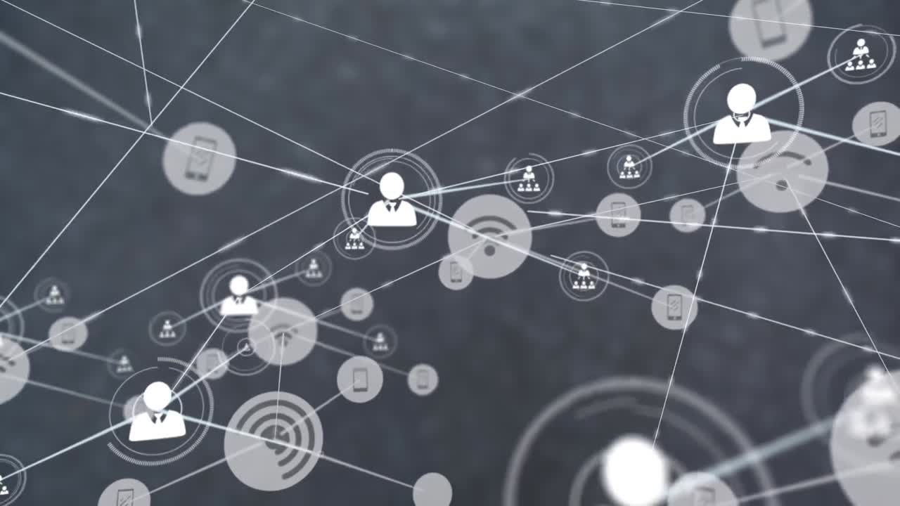 animación de una red de iconos digitales contra un fondo gris