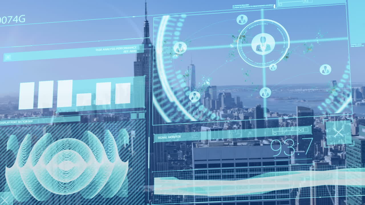 Animation of data processing and icons over cityscape