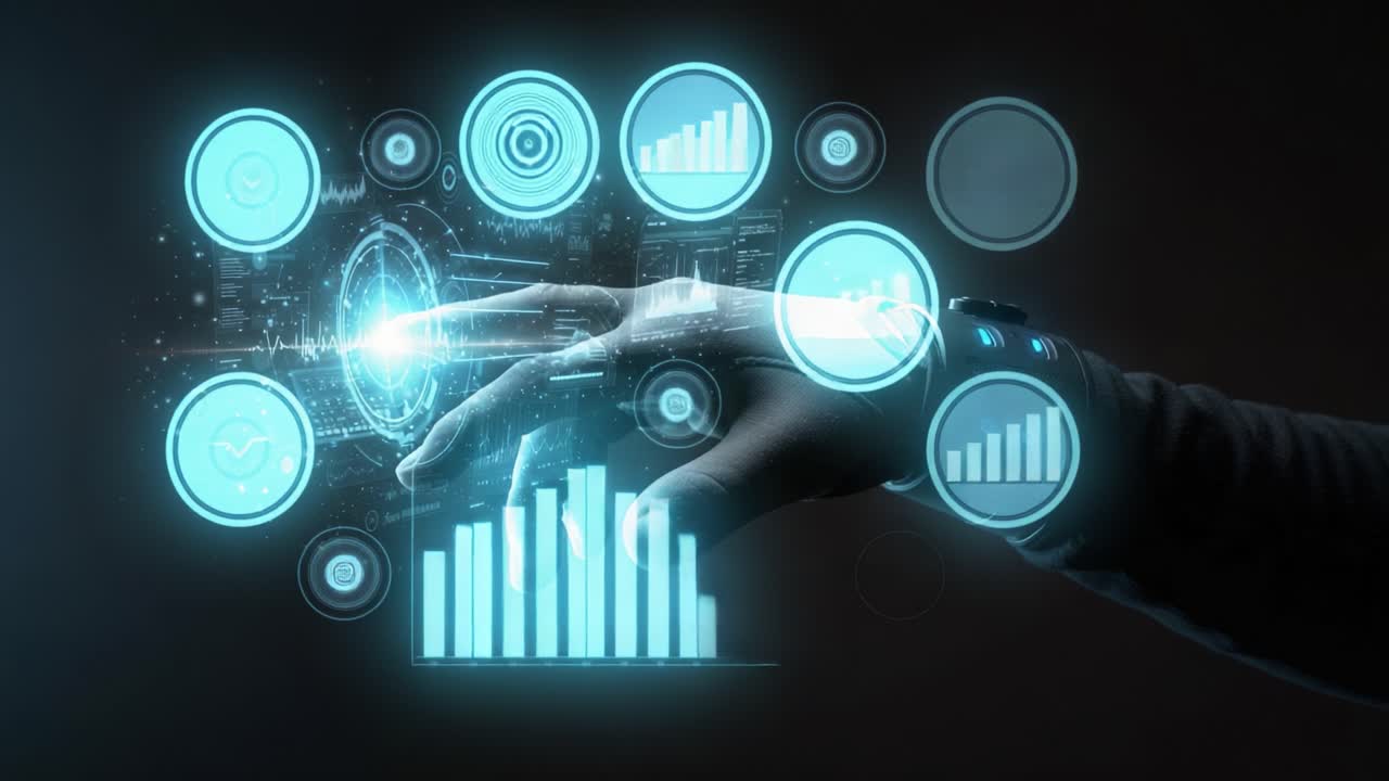 Futuristic Robotic Hand Interacting with Holographic Data Visualization, Showcasing Innovations in Technology and Human-Machine Interaction in a Dark Background