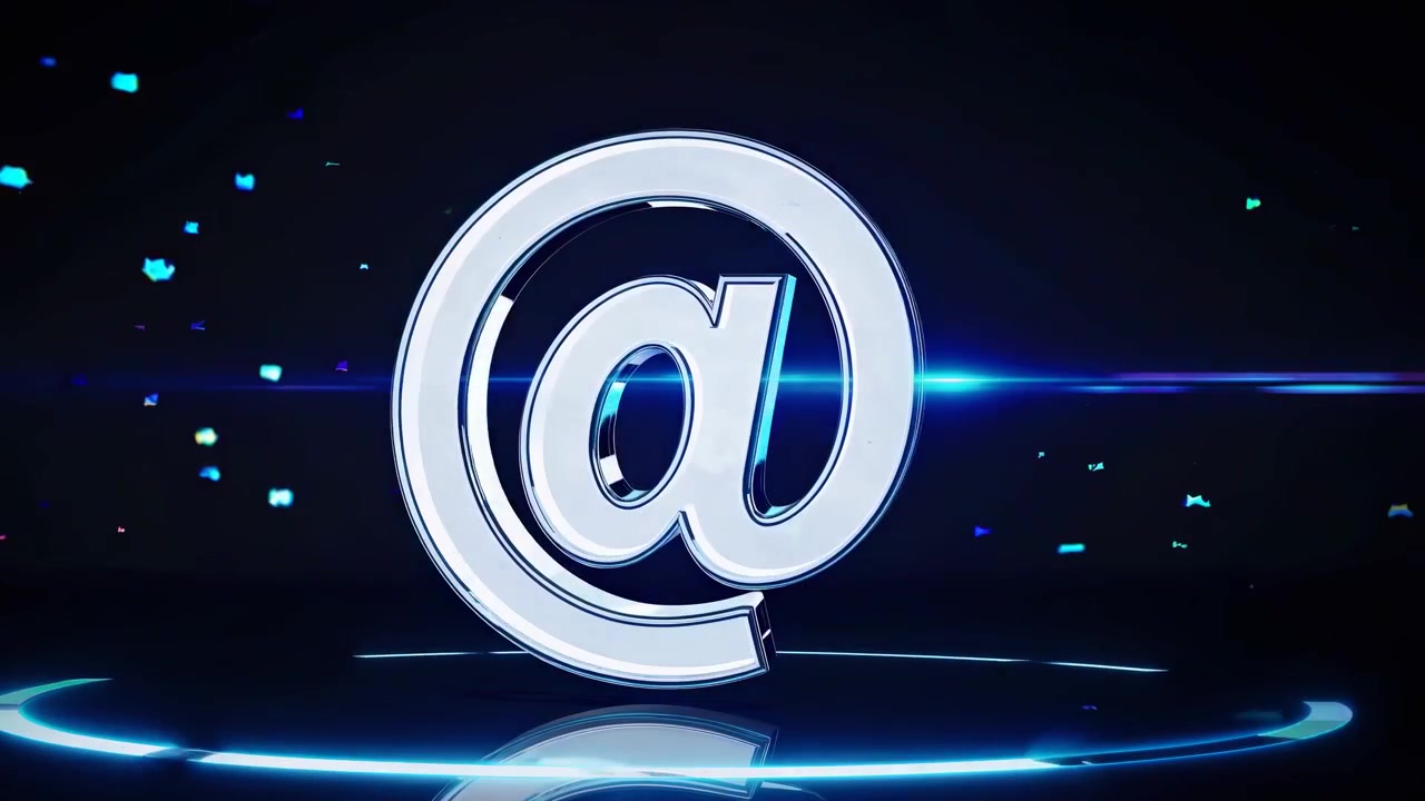 Rotating 3D At Symbol with Glowing Blue Digital Effects