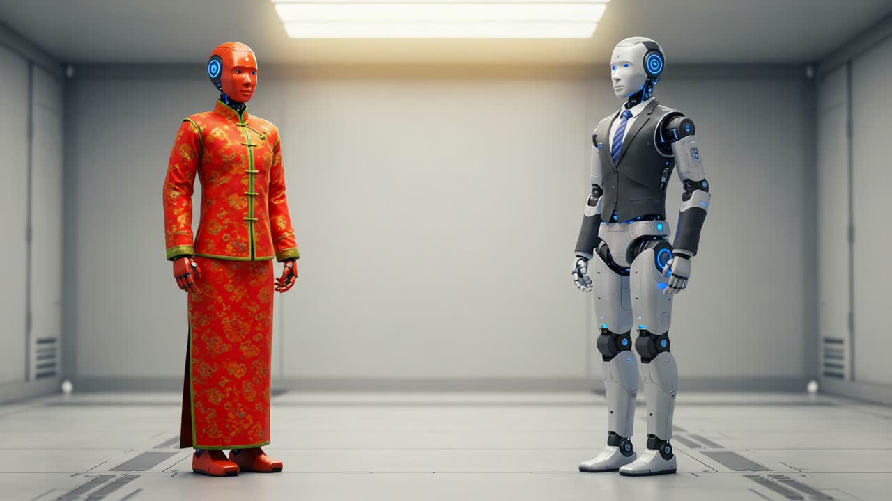 A Dynamic Interaction Between Two Distinctly Designed Robots in a Futuristic Setting, Highlighting Cultural Representation and Technological Advancement