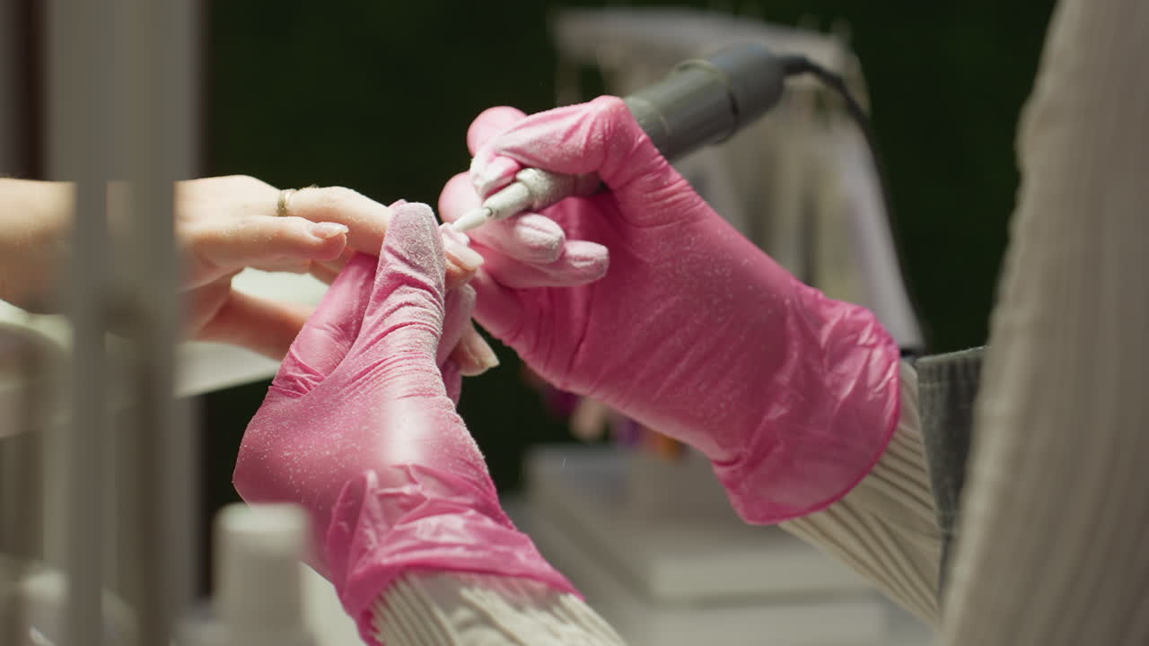 Close-up of nail technician in pink gloves shaping client nail using electric file while wearing face mask. Client wears gold ring. Technician s face partially visible with soft background blur