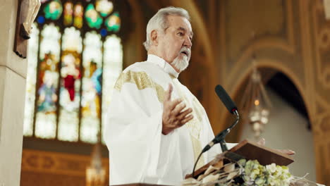 religion, priest and man in church for faith