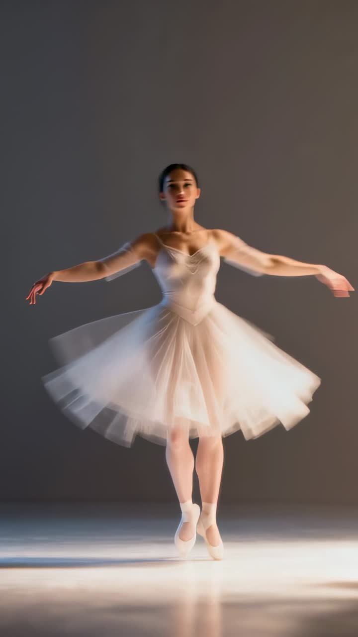 Video verticale: Ballerina al centro del palco che gira in punta di piedi seguendo il segnale musicale, mantenendo la posa con il tutù