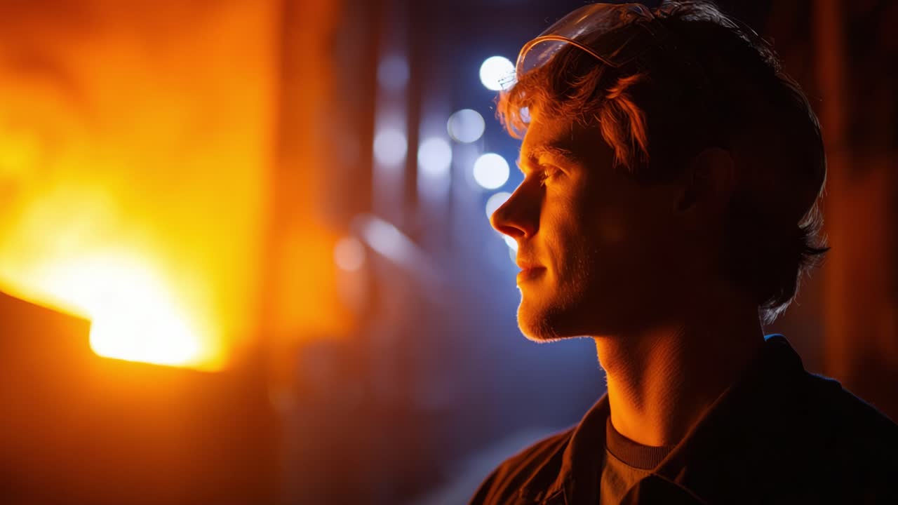 A Young Man Contemplating in a Industrial Setting with Fiery Glow in the Background, Highlighting the Intense Atmosphere and Glow of the Surroundings