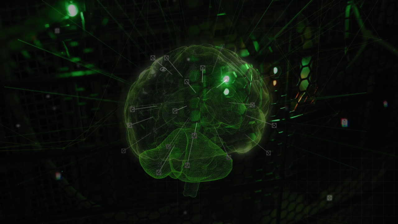Animation of connections and digital brain over server room