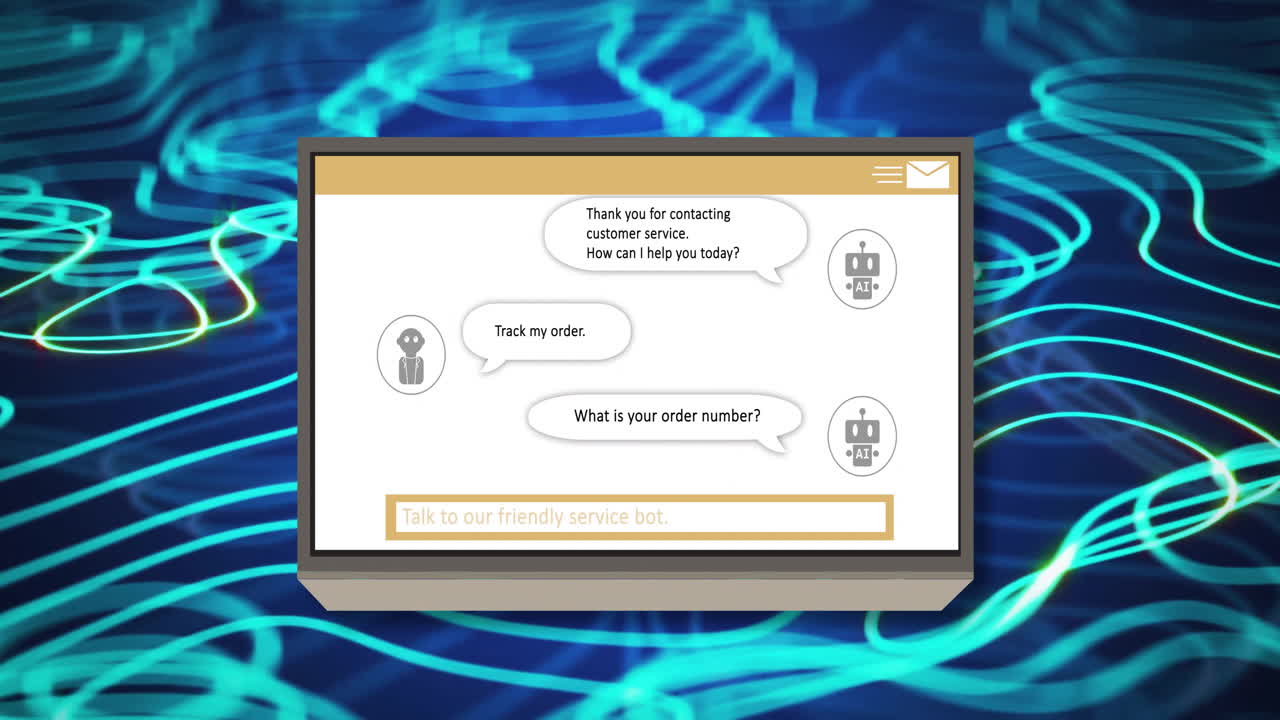 animación del procesamiento de datos en pantalla sobre líneas brillantes azules en fondo oscuro