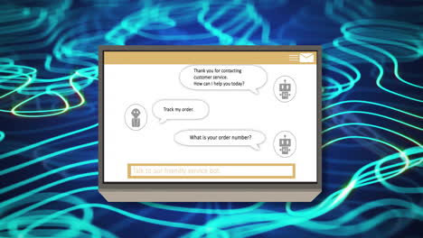 animación del procesamiento de datos en pantalla sobre líneas brillantes azules en fondo oscuro
