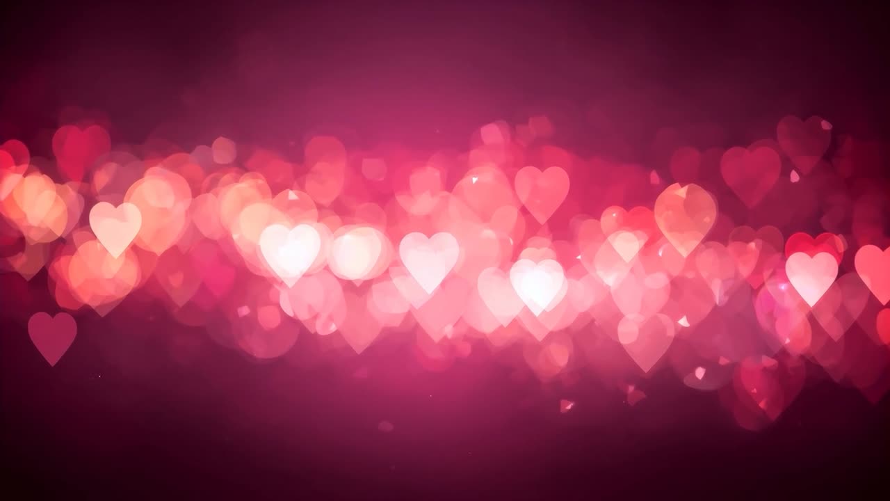 Banda iniziale ad anello di bokeh a forma di cuore che si muove su un gradiente magenta, con scintillii che creano un effetto luccicante