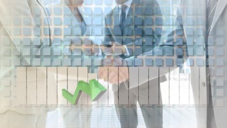 procesamiento de datos estadísticos contra la sección media de un hombre de negocios y una mujer de negocios que se dan la mano