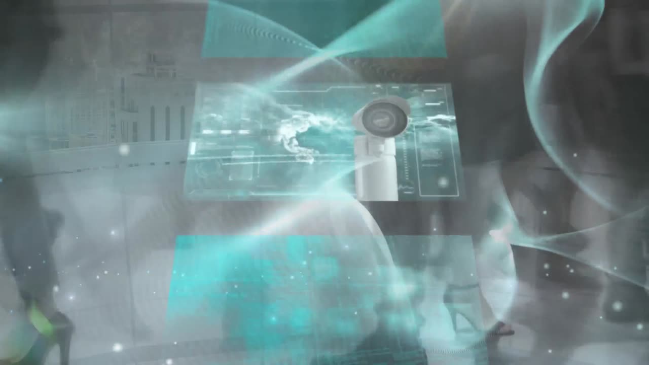 animación del procesamiento de datos en pantallas sobre peatones que caminan en movimiento rápido