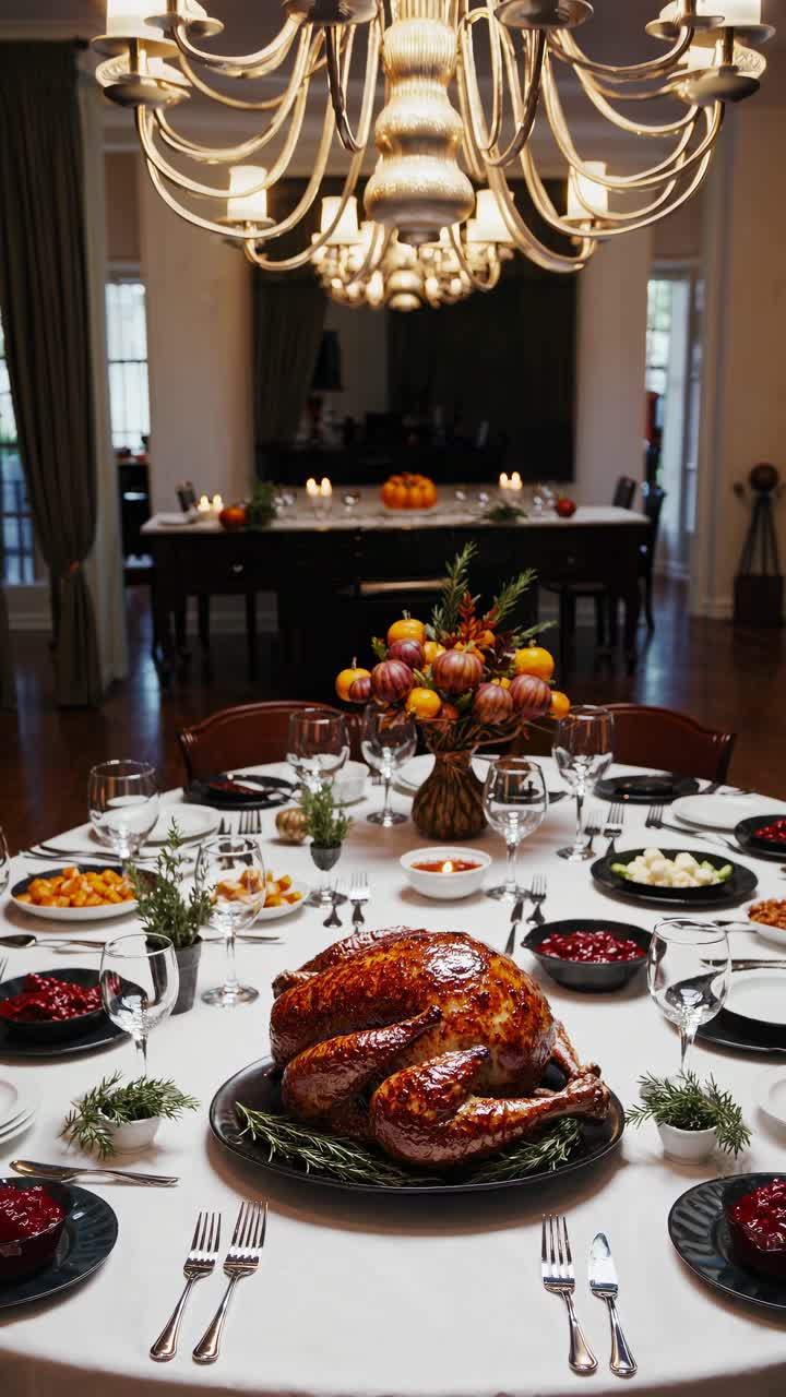 Elegant dining room video showcasing a lavish Thanksgiving feast from a high-angle view