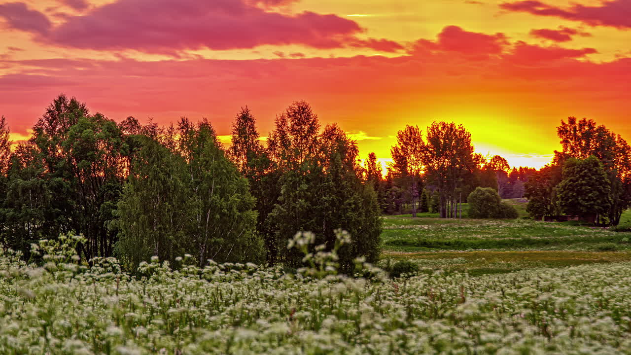 toma de lapso de tiempo de un atardecer rojo con nubes en movimiento en el horizonte sobre un prado con flores y árboles