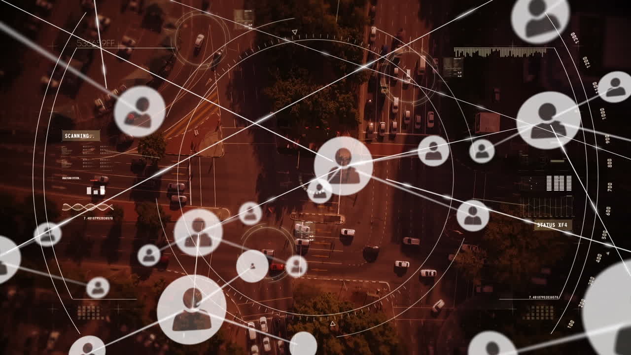 연결 네트워크의 애니메이션과 도시 풍경에 대한 범위 스캔