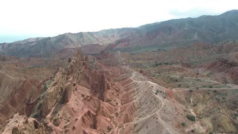 colorful eroded rock formations in fairytale canyon skazka kyrgyzstan on a cloudy day, aerial view