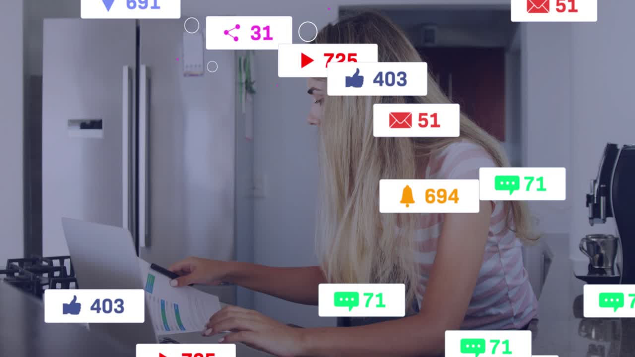 Typing on keys starting analytics swirling around laptop as woman analyzing graphs with credit card