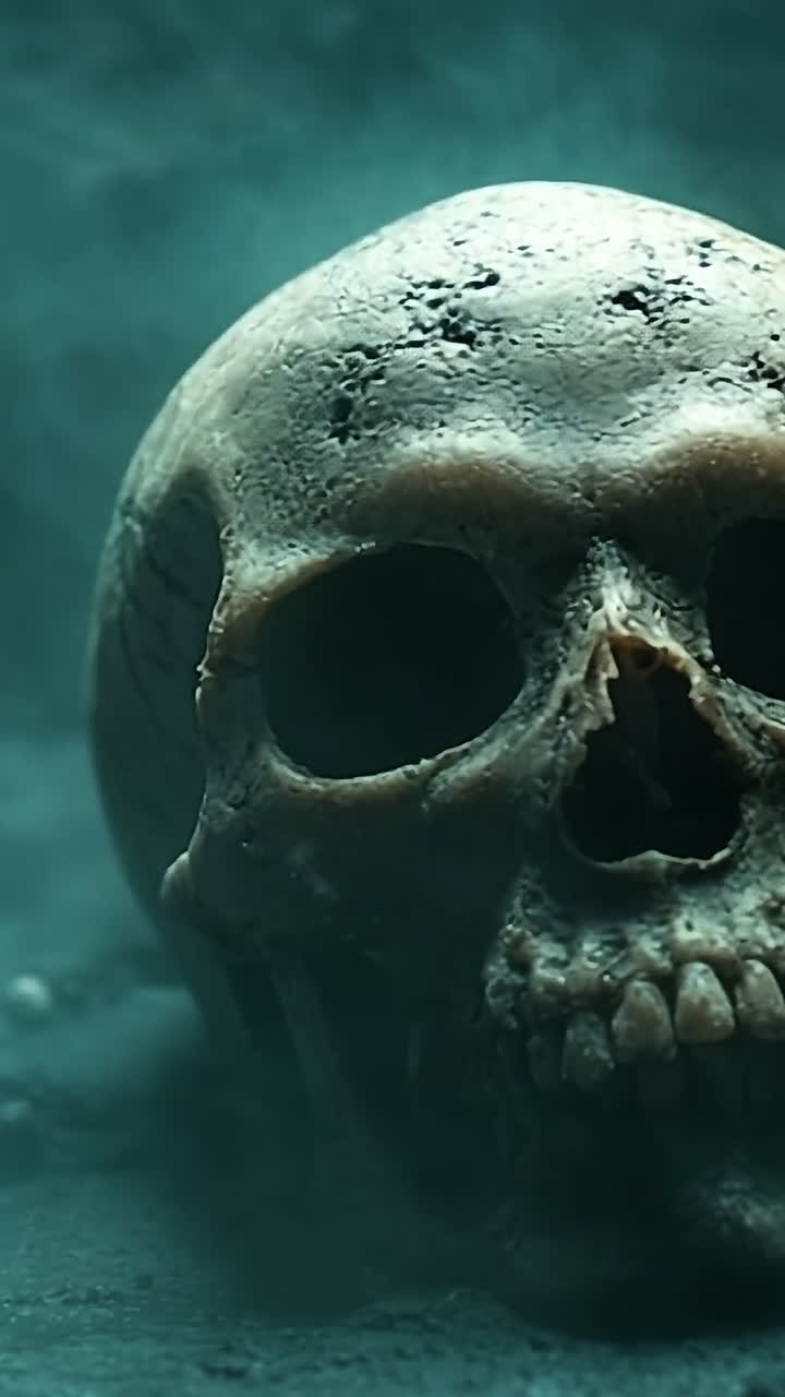 Skull resting on dark, smoky ground. A skull on a dark surface is enveloped in swirling smoke, creating a mysterious, dimly lit atmosphere.
