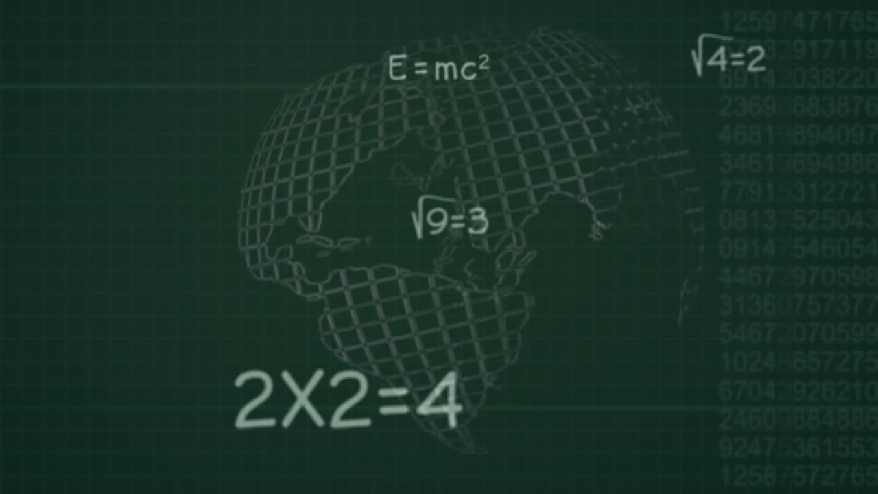 Animation of mathematical equations and globe over black background