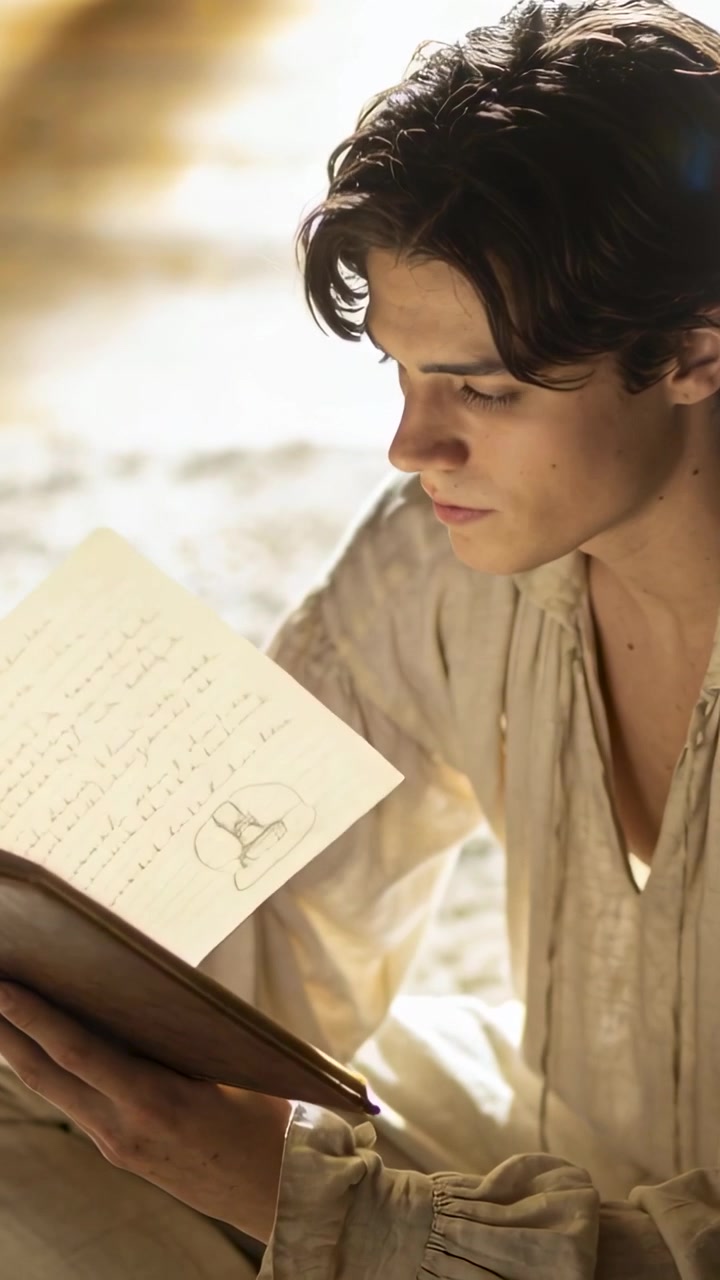 Video verticale: Uomo in camicia d'epoca che sfoglia le pagine di un quaderno su una riva assolata, studiando uno schizzo.