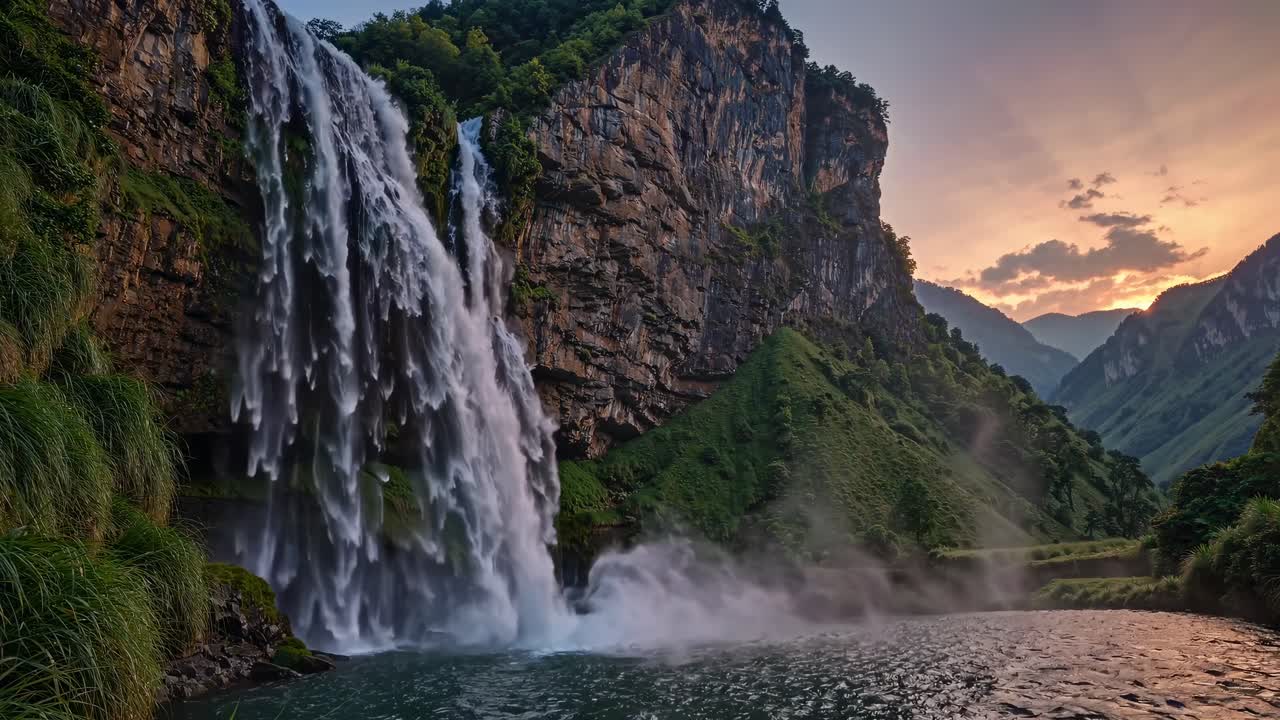 Video grandangolare mozzafiato di una maestosa cascata che si getta da una scogliera scoscesa al tramonto.