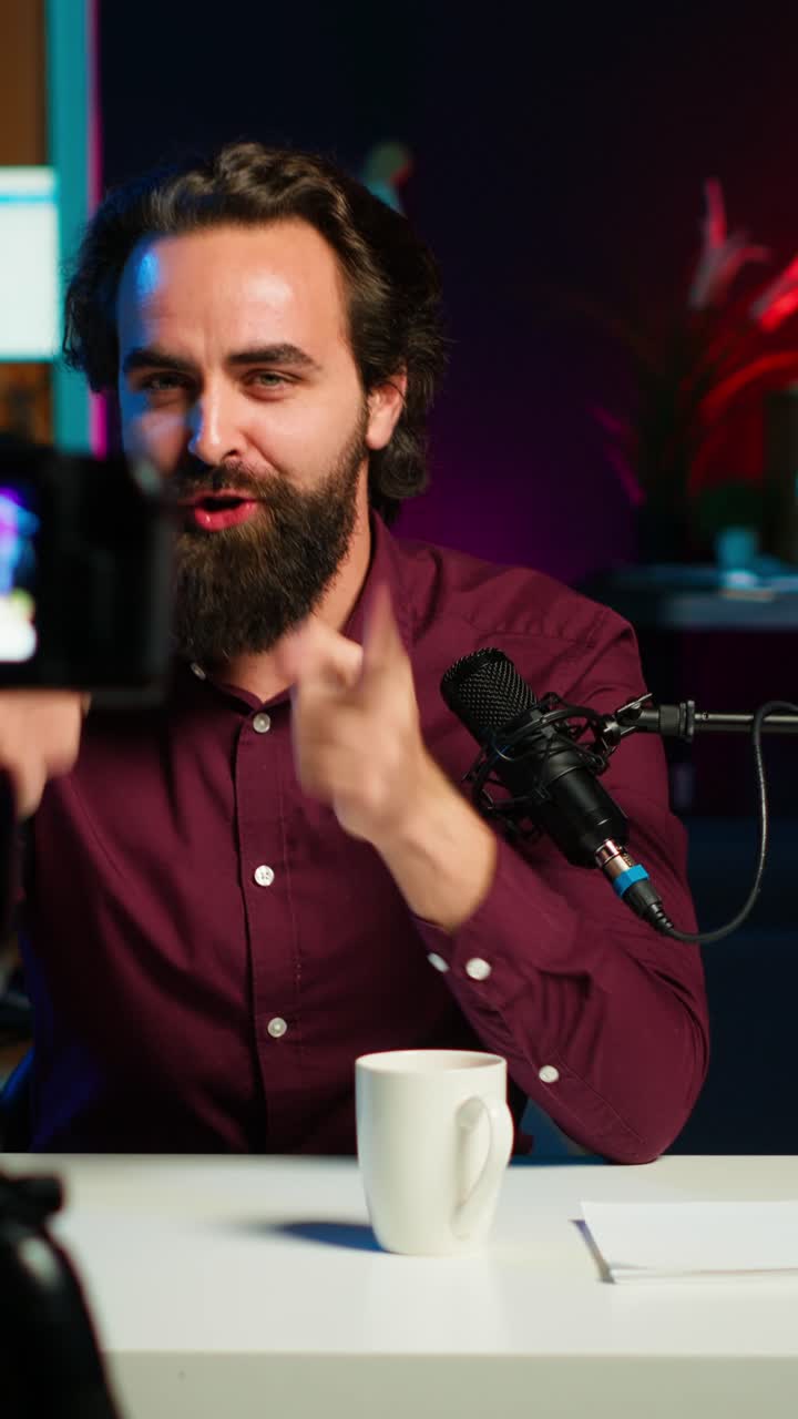 Vertical video Content creator entering home studio, captivating audience