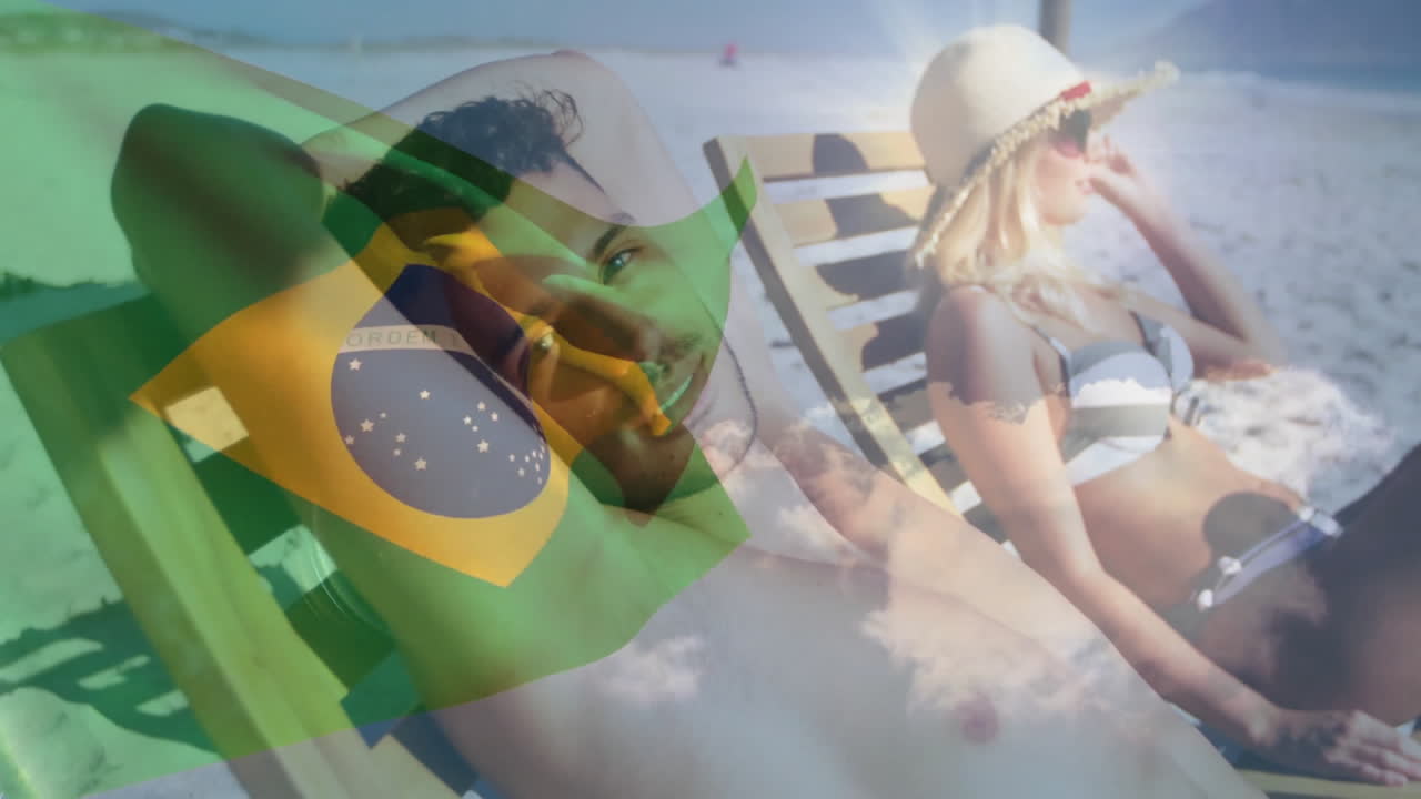 Sunbathing at beach, people with Brazilian flag overlay in summer attire animation