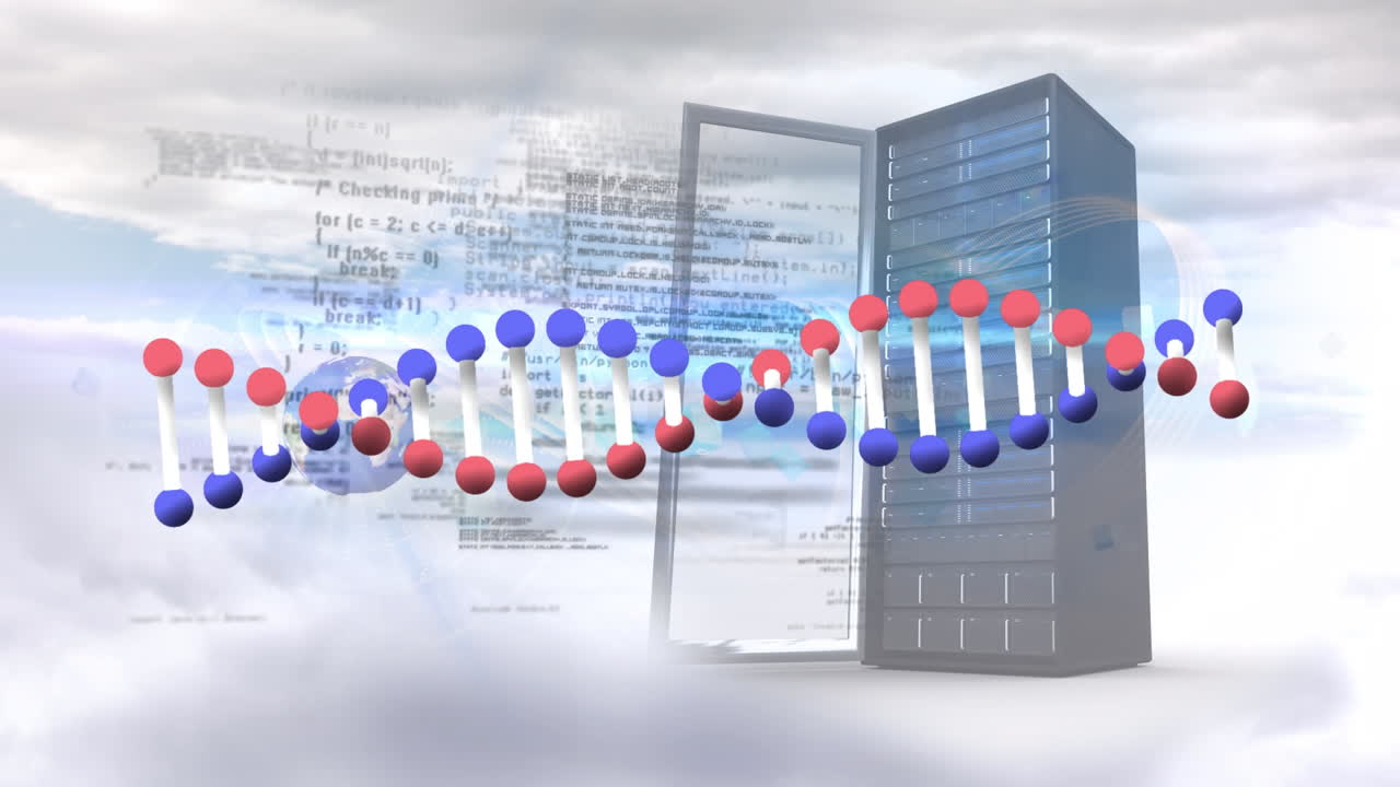 Animation of dna chain, data processing and server over clouds
