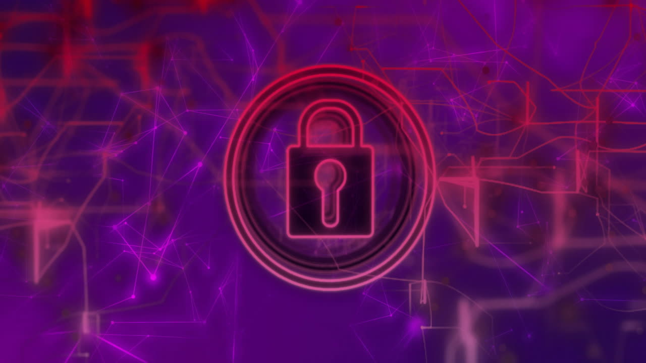 animación del icono de bloqueo sobre el fondo de conexiones de red púrpura