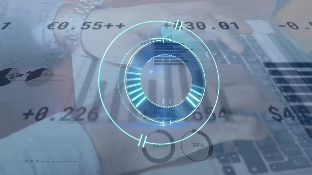 Animation of processing circle and financial data over hands of caucasian man using laptop