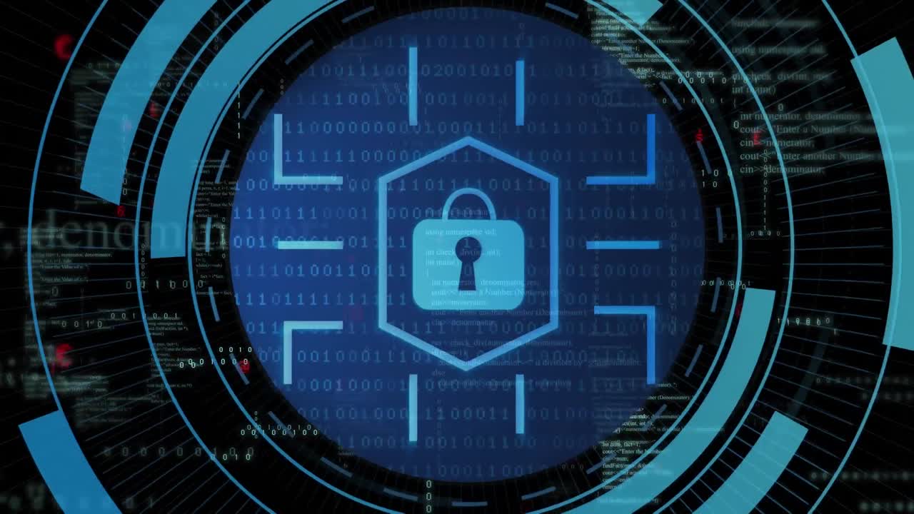 animación del procesamiento de datos sobre un candado y un fondo oscuro