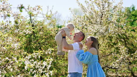 caucasian dad tossing his adorable baby boy. mother stands behind her husband smiling to a kid. blossoming garden at backdrop.
