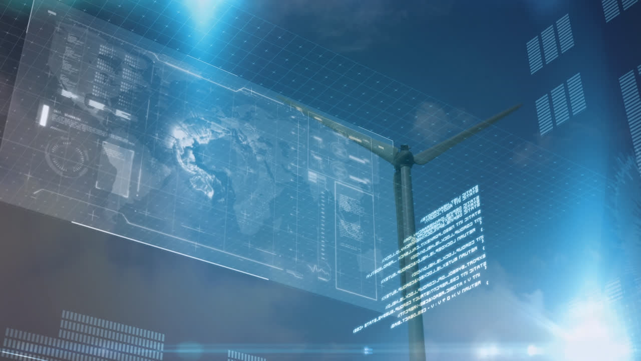 데이터 처리 및 풍력 터빈과 구름이있는 하늘 위의 빛 트레일의 애니메이션