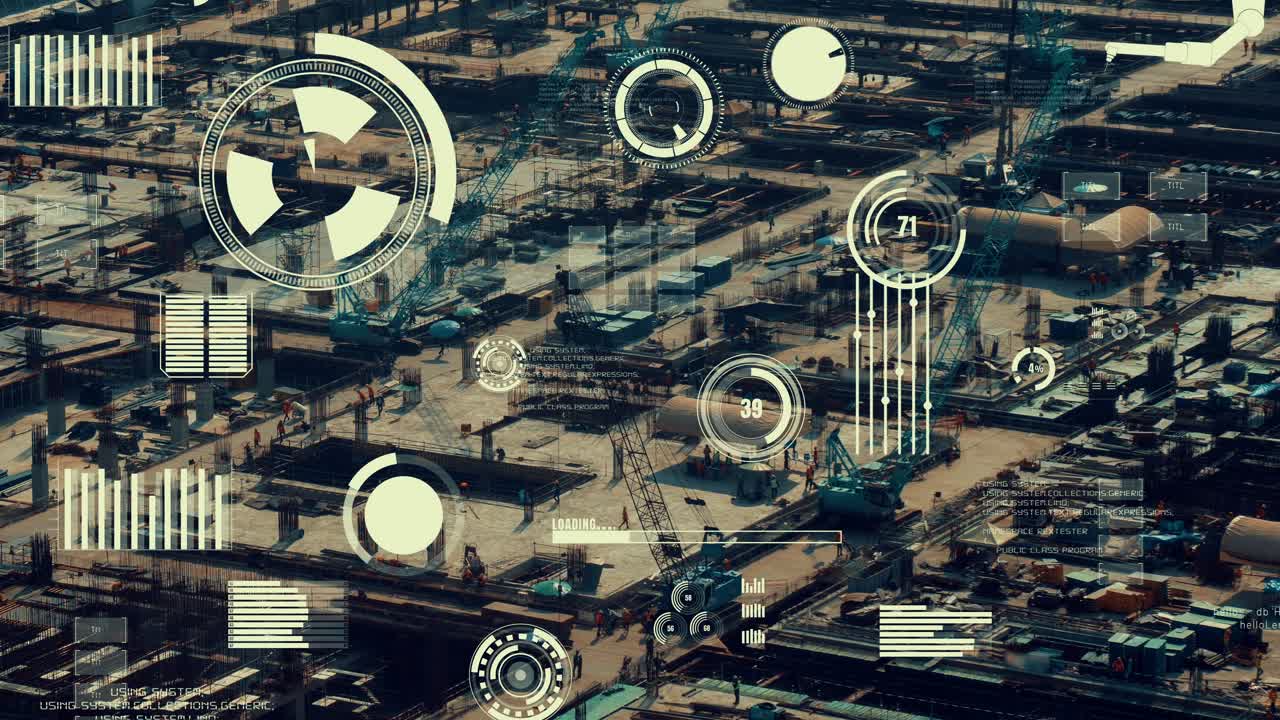 concepto de tecnología de construcción con gráfico de alteración sobre el sitio de construcción