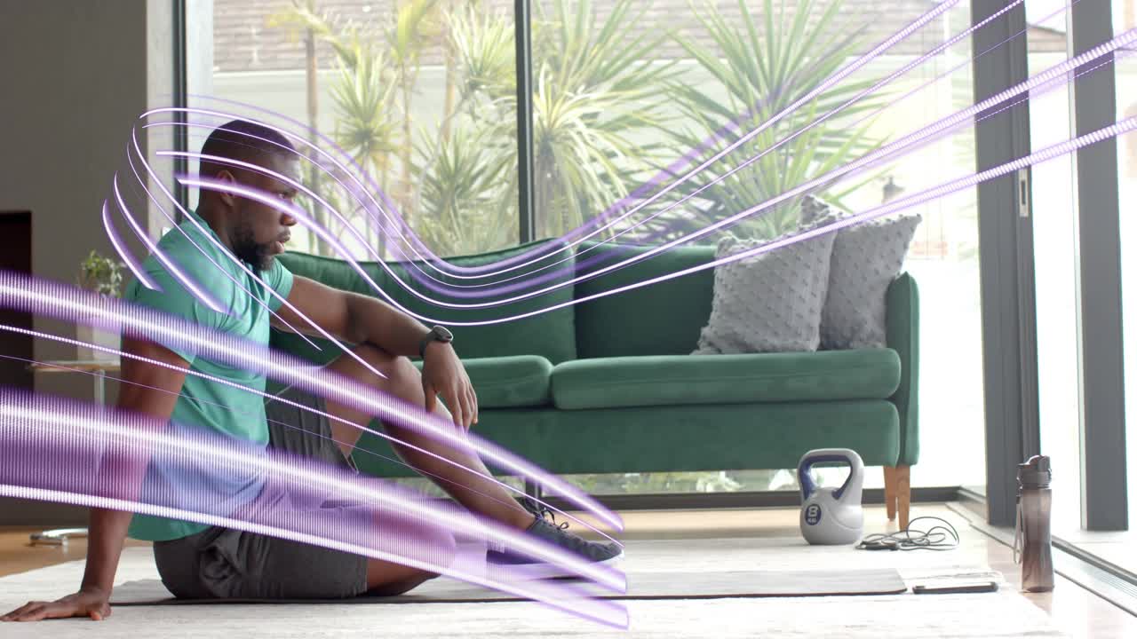 Man starting plank home cycling pushups kneeling stretching returning purple sweep over him fitness