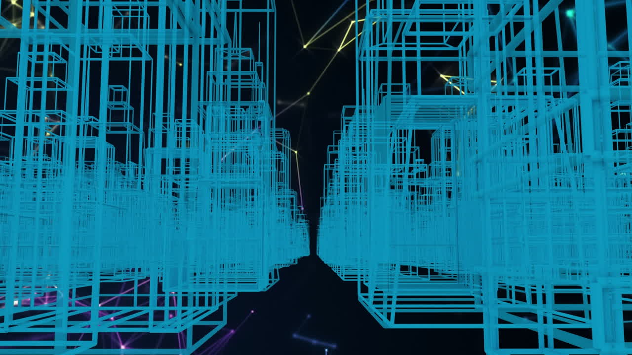 Animation of alley moving amidst 3d model of blue buildings in a row