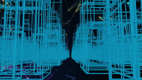 animación de callejón moviéndose en medio de modelo 3d de edificios azules en una fila
