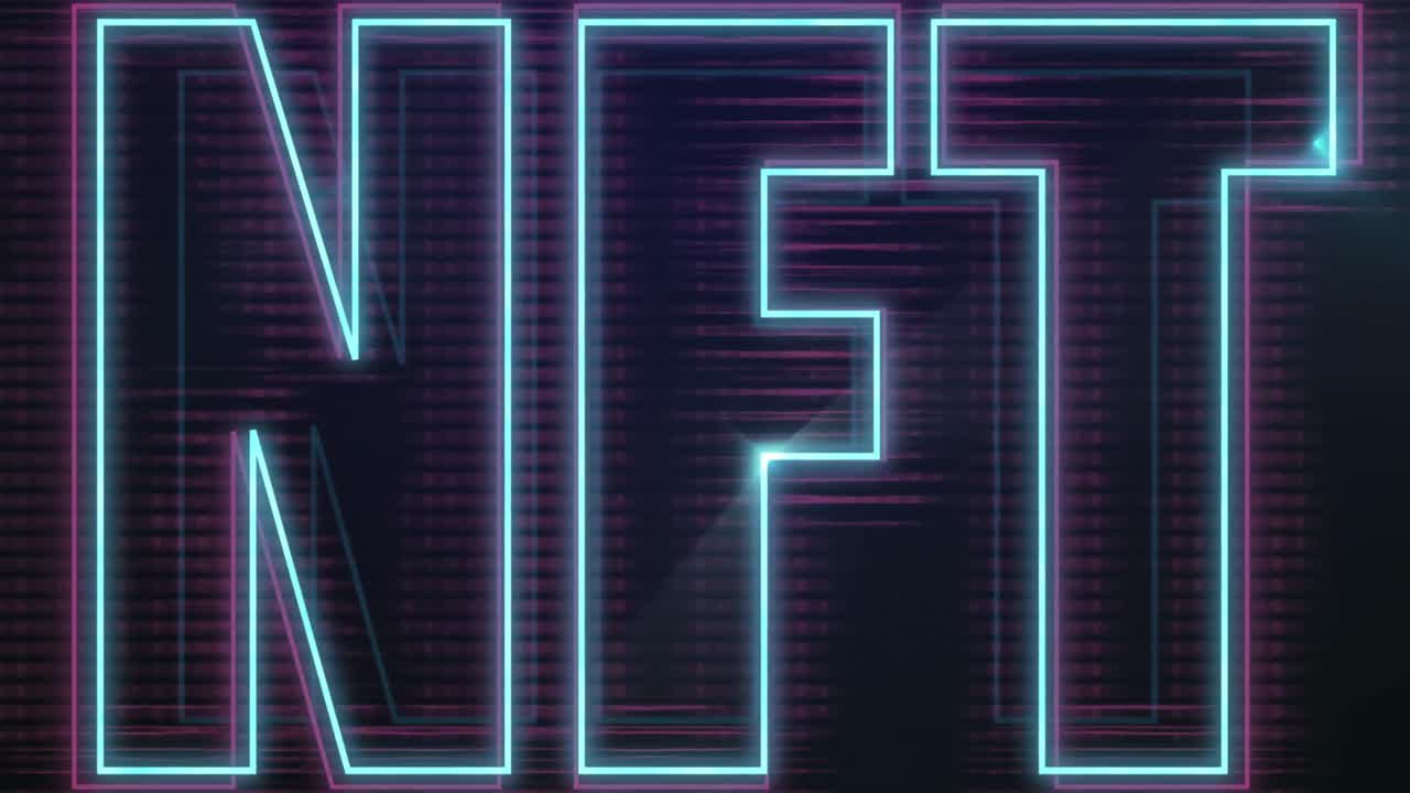 Animazione di testo NFT luminoso al neon delineato in blu e viola su sfondo nero