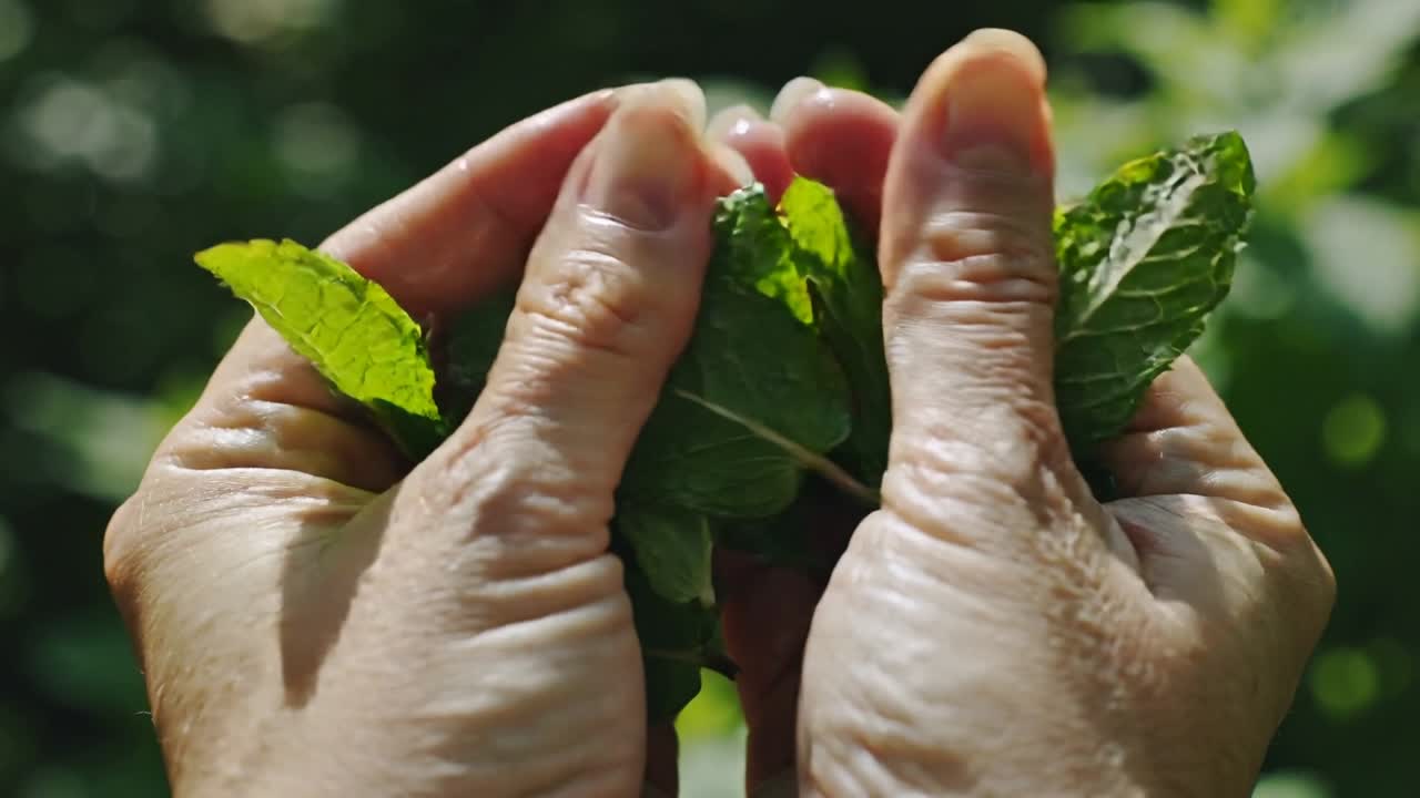 Mani di giardiniera che entrano nell'inquadratura, raccolgono foglie verdi, le sfregano e le schiacciano, rilasciando il loro aroma.