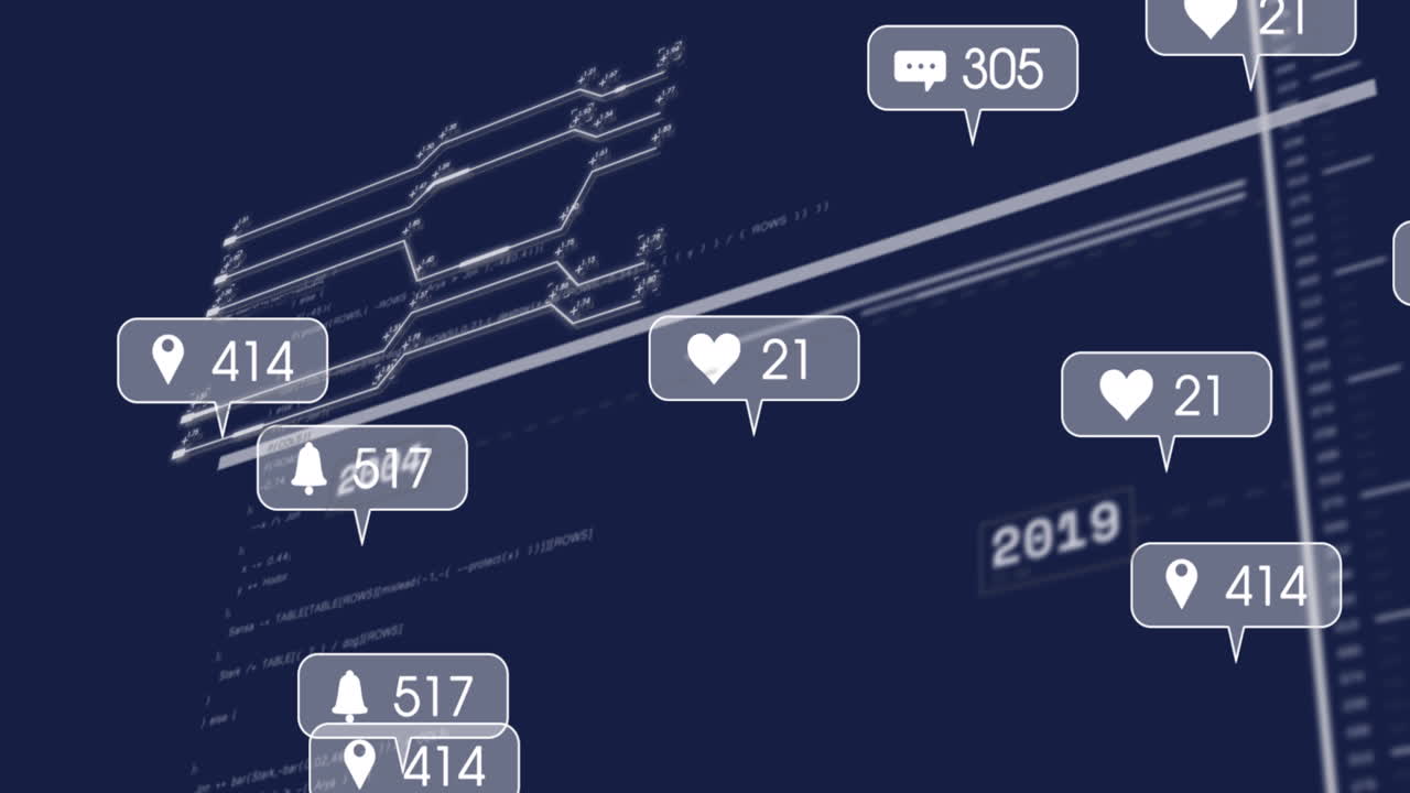 ソーシャルメディアのデータ処理を暗い背景でアニメーション化