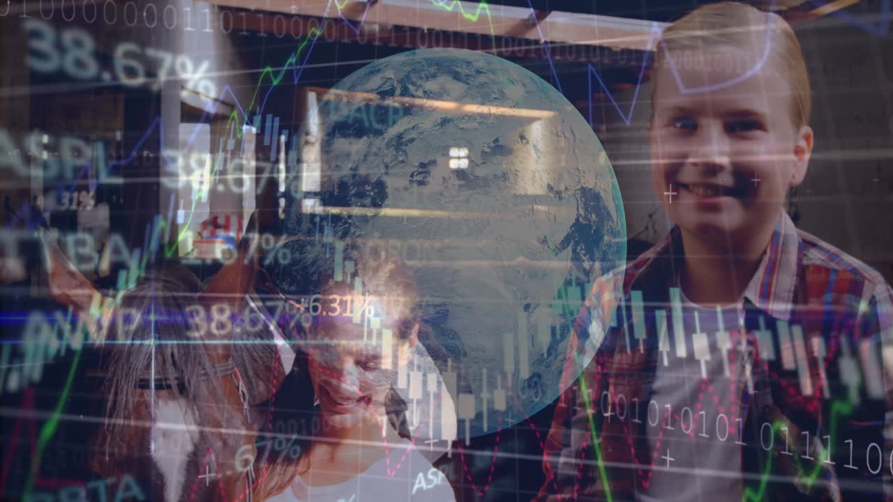 Woman and child inspecting horse bridle activating chart with globe showing tech connectivity